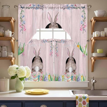 Swag Valance Curtains, Easter Cute Rabbit and Colorful Eggs Rod Pocket Valances Swag Topper for Kitchen Windows, Pink Farm Wooden Barn Light Filtering Short Curtain for Bedroom Bathroom 56x36In
