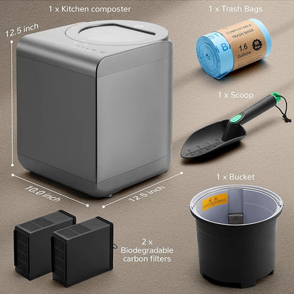 Airthereal Revive Electric Kitchen Composter with Visual Glass Cover, Upgraded SHARKSDEN Tri-Blade, Turn Food Waste and Scraps into Natural Fertilizer for Plants, R500-V, Grey