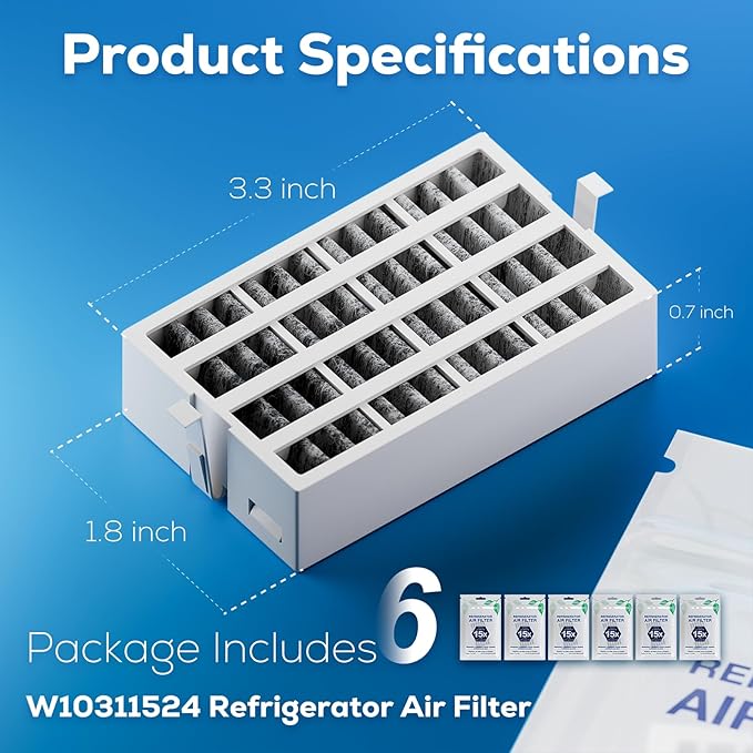 W10311524 AIR1 Refrigerator Air Filter Cartridge Replacement for Whirlpool Kenmore Refrigerator Compatible with Fresh Flow Refrigerator Air Filter, White, 6 Pack by Funmit