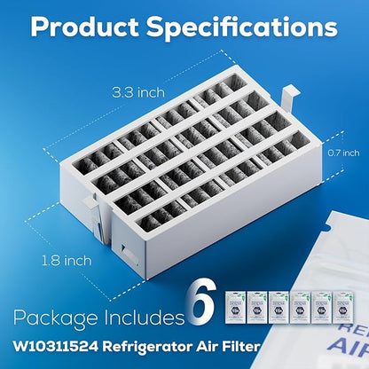 W10311524 AIR1 Refrigerator Air Filter Cartridge Replacement for Whirlpool Kenmore Refrigerator Compatible with Fresh Flow Refrigerator Air Filter, White, 6 Pack by Funmit