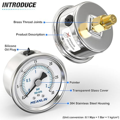 MEANLIN MEASURE 0~30Psi Dry Low Pressure Gauge Stainless Steel 1/8" NPT 2" FACE DIAL Waterproof for Pool Sand Filter Water Oil Air Pressure Test Back Mount, with 1/4" NPT and 3/8" NPT Hex Bushing
