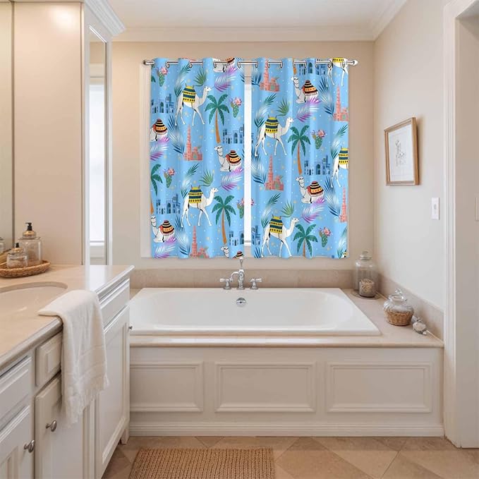 2 Panel Kitchen Cafe Curtains, Desert Landscape Sunlight Filtering Nature Air Through, Home Decor Window Covering Tier Curtains for Living Room 80W x 63L inch Cute Camels Palm Trees Houses Leaves Blue