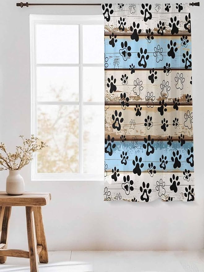 Sheer Curtains 63 Inch Length, Blue Brown Paw Prints Semi Sheer Curtains Light Filtering Window Treatment, Vintage Farmhouse Rustic Wooden Grain Privacy Voile Drapes for Living Room Bedroom 52x63 Inch