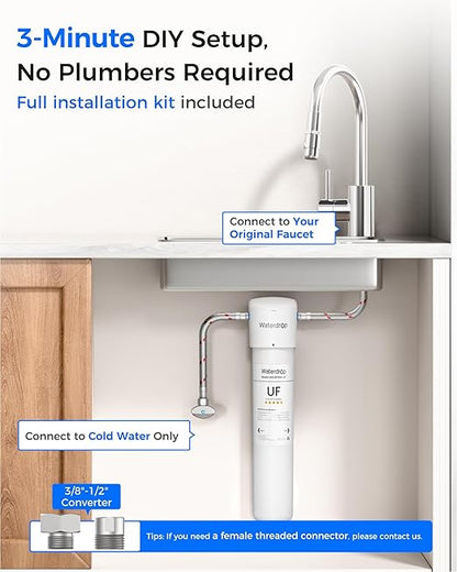 Waterdrop 15UAW-UF 0.01 μm Ultra Filtration Under Sink Water Filter System, 2 Years, Reduces Lead, Chlorine, Bad Taste & Odor, Direct Connect to Kitchen Faucet, USA Tech