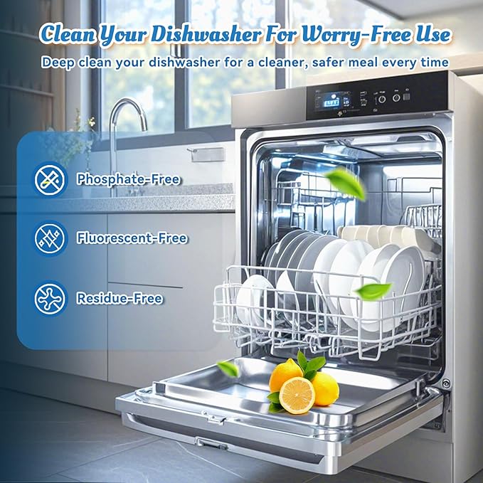 Dishwasher Cleaner Tablets Deodorizer-48 Pack Deep Cleaning Dish Washer Descaler Freshener-Grime Limescale Heavy Duty Grease Odor Smell Remover-for All Dishwashers Lemon Foaming 2 Year Supply
