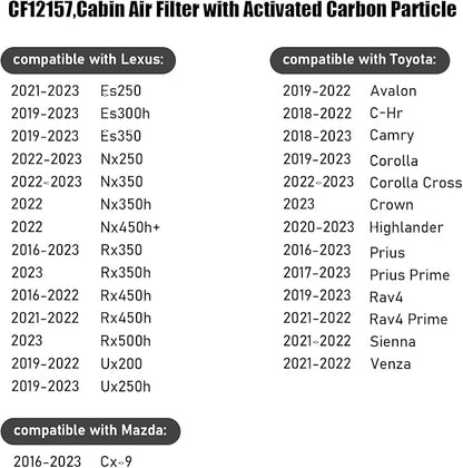 CF12157,Cabin Air Filter with activated carbon particle for Toyota Avalon,C-HR,Camry,Corolla,Corolla Cross,Highlander,Prius,Prius Prime,Rav4,Rav4 Prime,Sienna,Venza.Lexus,ES250,ES300H,ES350