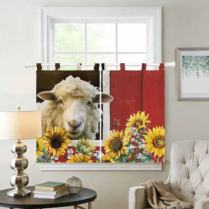 Sheep Flowers Bedroom Curtains 63 Inch Length, Window Curtains Tab Top, Country Red Barn Botanical Sunflowers Light Filtering Window Treatments Drapes 42"x63" 2 Panel