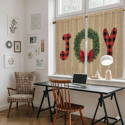 Red Green Christmas Kitchen Tier Curtains 45 Inch Long 2 Panel Set,Rod Pocket Short Window Treatment,Xmas Botanical Winter Farmhouse Curtains & Drapes for Bathroom Basement 27.5"W x 45"L