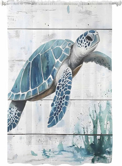 Sheer Curtains 63 Inch Length, Teal Green Sea Turtle Semi Sheer Curtains Light Filtering Window Treatment, Summer Ocean Vintage Wood Grain Privacy Voile Drapes for Living Room Bedroom 52x63 Inch