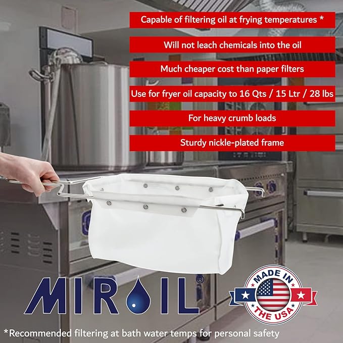 MirOil B6PS EZ Flow Deep Fryer Oil Filter Bag w/Frame – Reusable Grease Fryer Strainer to Extend Oil Life & Maintain Food Quality – Handles Kitchen Hot or Cold Liquid – Deep Fryer Filter for Cooking