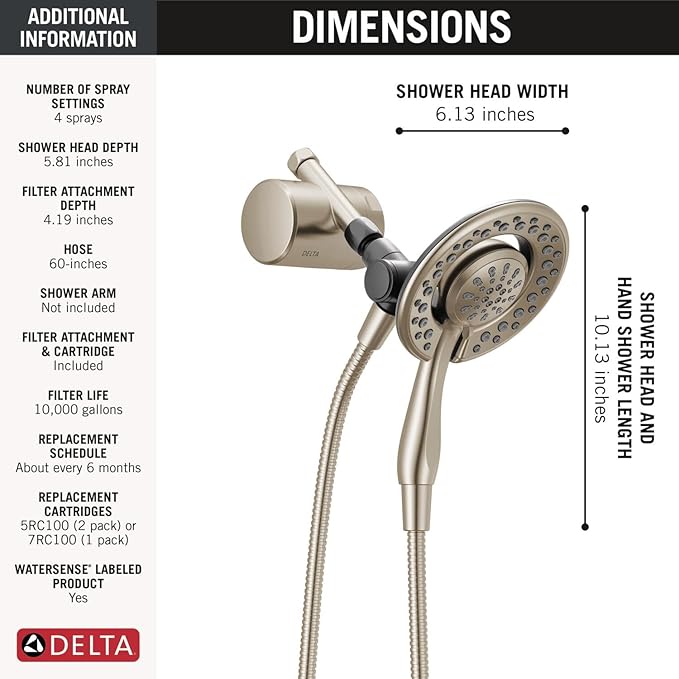 Delta 4-Setting In2ition 2-in-1 Dual Shower Head with Clarifi Standard Shower Filter Attachment, Brushed Nickel Shower Head with Filter, SpotShield Brushed Nickel 7SF110BSN