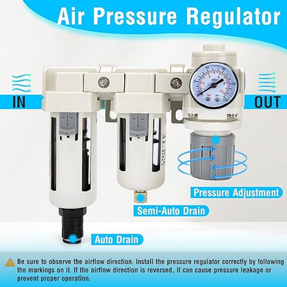 Air Pressure Regulator 3/8 NPT Auto Drain and Semi-Auto Drain Double Air Filters, Air Compressor Water Separator 0-150PSI, Air Drying System, Polycarbonate Bowl