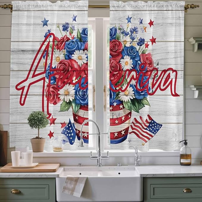 Independence Day Window Curtains 63 Inch Long 2 Panel Set, Rod Pocket Bedroom Curtains & Drapes, 4 of July Rose Wooden Grain Vintage Light Filtering Window Treatment for Living Room 42"W x 63"L