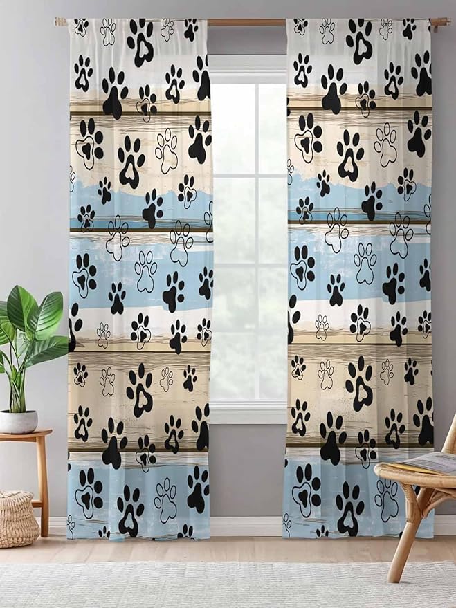 Sheer Curtains 108 Inches Long, Blue Dog Paw Print Semi Sheer Curtains Light Filtering Window Treatment, Vintage Farmhouse Rustic Wooden Grain Privacy Voile Drapes for Living Room Bedroom 52x108 Inch