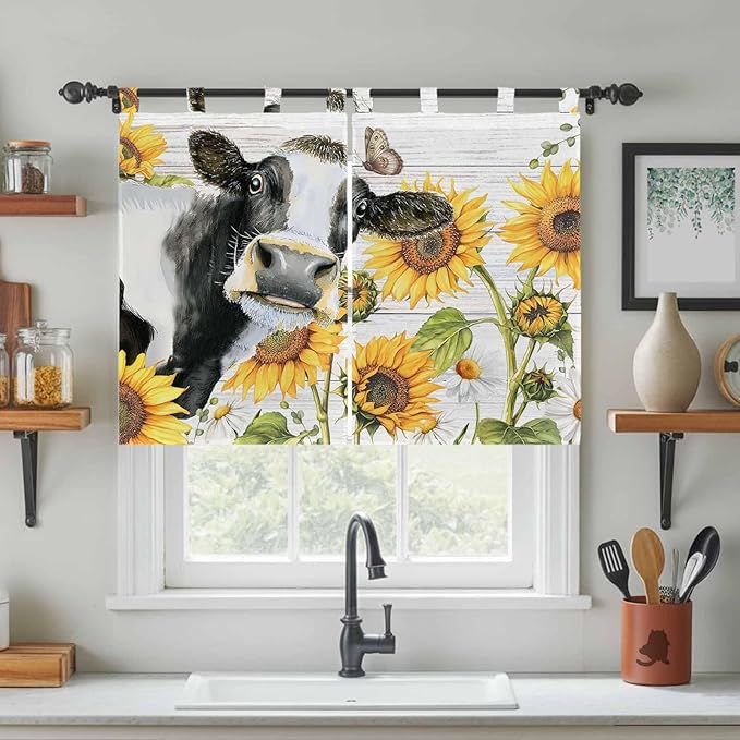 Retro Farmhouse Floral Kitchen Curtains 45 Inch Length, Short Cafe Window Curtains Tab Top, Yellow Sunflowers Cows Butterfly Wood Light Filtering Window Treatments Tier Drapes 27.5"x45" 2 Panel