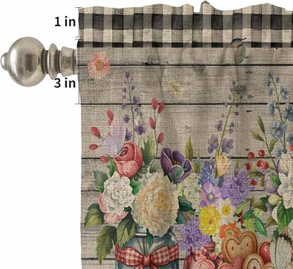 Spring Flowers Kitchen Curtain Set, Farmhouse Vintage Black Plaid Wood Grain Window Valance and Tiers 36" Length, Light Filtering Short Curtains Valance for Cafe Bathroom Bedroom 54"x18"