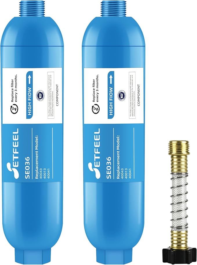 RV Water Filter, NSF Certified Camper Water Filter For RV Garden, Camping Must Haves For Reduces Chlorine, Bad Taste, Odor, Inline Hose Filter with 1 Flexible Hose Protectors, Pack of 2