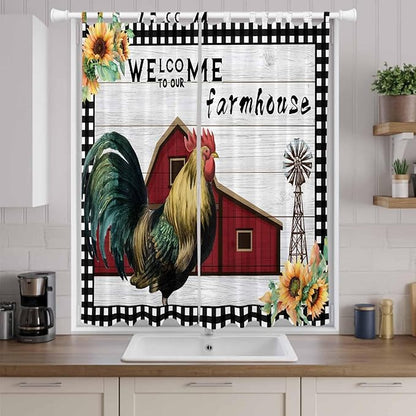 Farmhouse Rooster Living Room Curtains 84 Inch Length, Window Curtains Tab Top, Rustic Red Barn Windmill Sunflowers Light Filtering Window Treatments Drapes 52"x84" 2 Panel