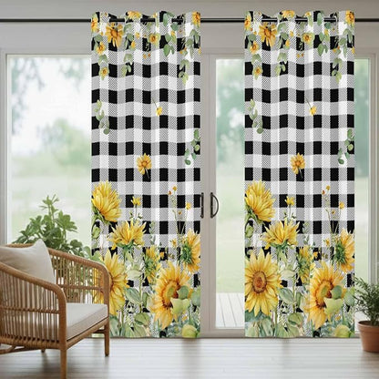 Sunflowers Outdoor Curtains for Patio Summer Floral Eucalyptus Leaf Buffalo Check Waterproof Outside Curtains with Grommet Top Weatherproof Curtain for Cabana Pergola Gazebo, 1 Panel, 54" W x 95" L