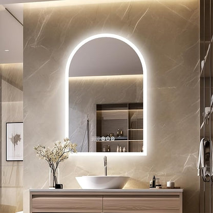 LUVODI Lighted LED Bathroom Mirror: 36x24IN Arched Dimmable Wall Lighted Vanity Mirror with Time Temperature Dispaly - Modern Vanity Mirrors with Backlit Anti-Fog Smart Switch for Hotel Bedroom