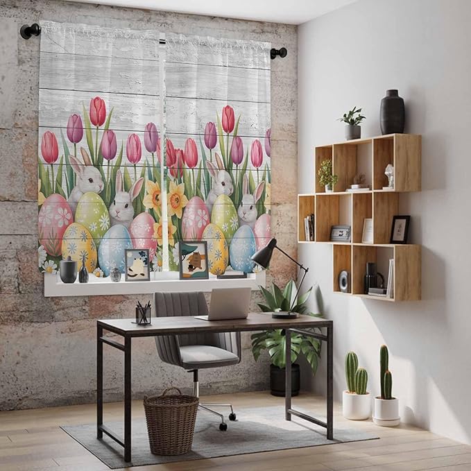Easter Window Curtains 63 Inch Long 2 Panel Set, Rod Pocket Bedroom Curtains & Drapes, Retro Spring Bunny Eggs Tulip Farm Wooden Grain Light Filtering Window Treatment for Living Room 42"W x 63"L
