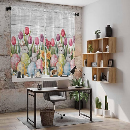 Easter Window Curtains 63 Inch Long 2 Panel Set, Rod Pocket Bedroom Curtains & Drapes, Retro Spring Bunny Eggs Tulip Farm Wooden Grain Light Filtering Window Treatment for Living Room 42"W x 63"L