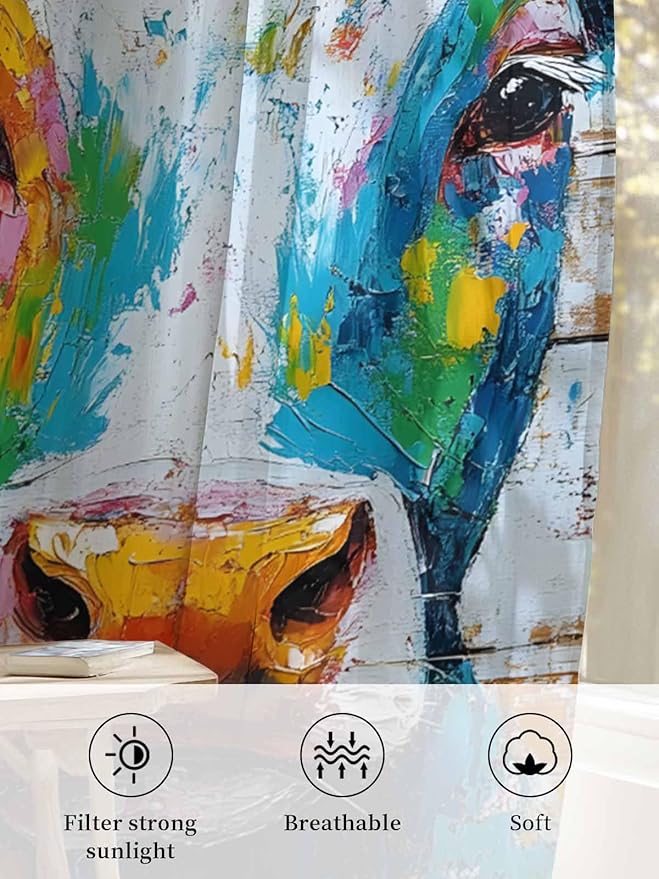 Sheer Curtains 72 Inches Long, Funny Colorful Cow Semi Sheer Curtains Light Filtering Window Treatment, Retro Rustic Oil Painting Wood Grain Privacy Voile Drapes for Living Room Bedroom 52x72 Inch