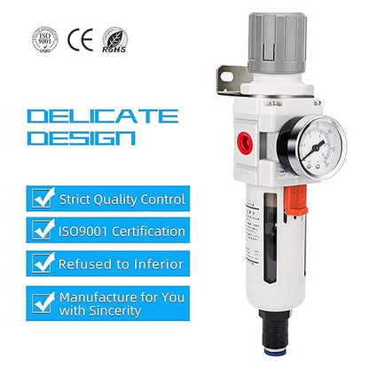 NANPU 1/2" NPT Compressed Air Filter Regulator Combo Piggyback, Auto Drain, 5 Micron Brass Element, Poly Bowl, Metal Bracket, 0-150 psi Gauge