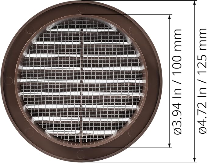 Brown 4" Inch Round Ventilation Grille with Insect mesh. (Duct 4Ø / Grille 5Ø) Ventilation Applications. Indoor and Outdoor Vent Cover. Available 3 Sizes / 4 Colors.
