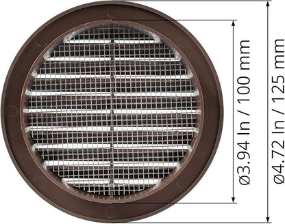 Brown 4" Inch Round Ventilation Grille with Insect mesh. (Duct 4Ø / Grille 5Ø) Ventilation Applications. Indoor and Outdoor Vent Cover. Available 3 Sizes / 4 Colors.
