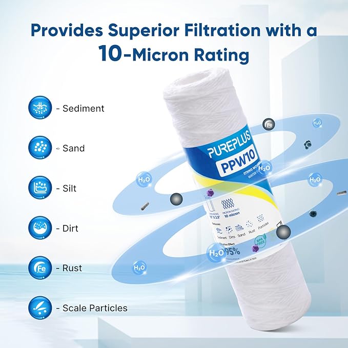 PUREPLUS 10 Micron 10"x2.5" Whole House String Wound Sediment Filter for Well Water, Replacement Cartridge for Universal 10 inch RO System, WP-5, Aqua-Pure AP110, CFS110, Culligan P5,WFPFC4002, 6Pack