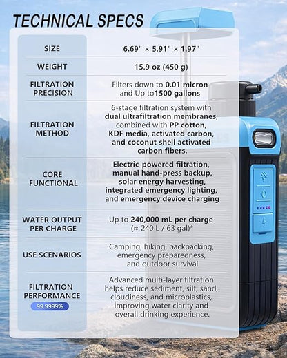 3-in-1 Solar Electric Water Filter with Hand Pump - Camping Water Filtration System Survival, Portable Water Purifier with Emergency Light, Survival Kit for Backpacking, Birthday Gifts for Men