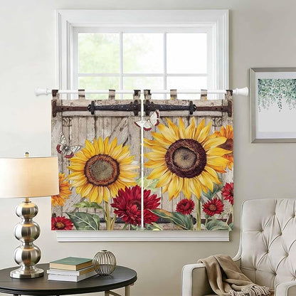Sunflowers Bedroom Curtains 63 Inch Length, Window Curtains Tab Top, Retro Flower Barn Doors Butterfly Farmhouse Brown Light Filtering Window Treatments Drapes 42"x63" 2 Panel