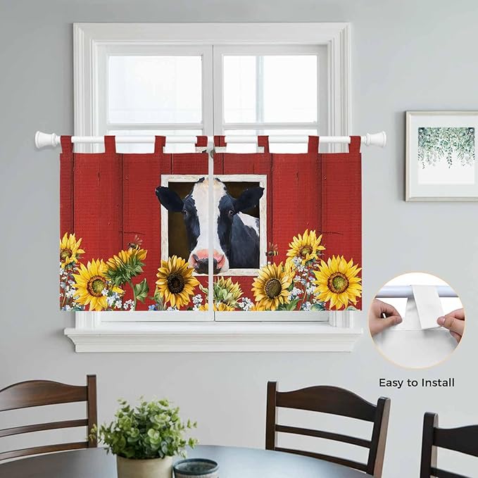 Cow Sunflowers Kitchen Curtains 24 Inch Length, Small Window Curtains Tab Top, Botanical Floral Leaves Bees Farm Barn Light Filtering Short Window Treatments Tier Drapes 27.5"x24" 2 Panel