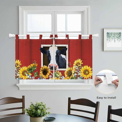 Cow Sunflowers Kitchen Curtains 24 Inch Length, Small Window Curtains Tab Top, Botanical Floral Leaves Bees Farm Barn Light Filtering Short Window Treatments Tier Drapes 27.5"x24" 2 Panel