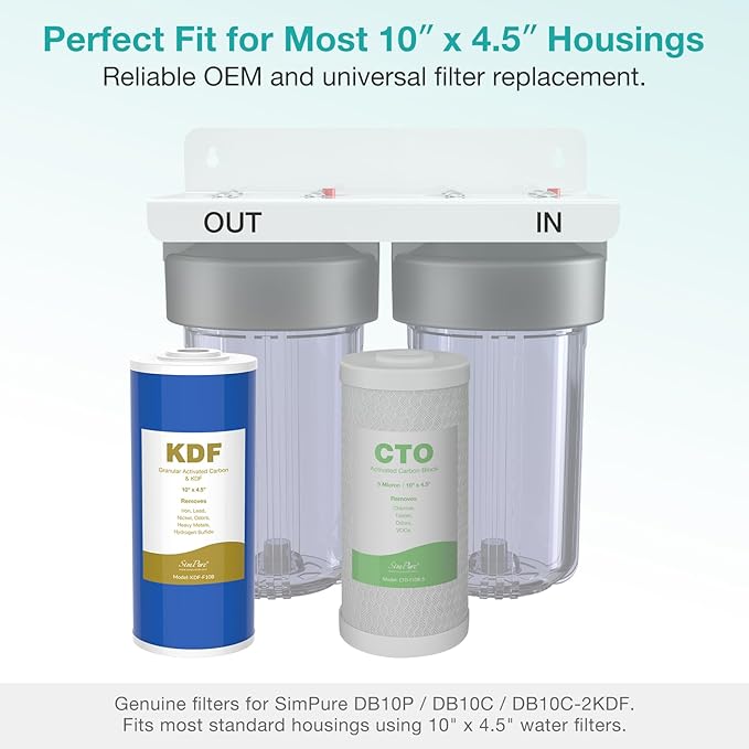 SimPure Whole House Water Filter Cartridges 10" x 4.5" GAC/KDF Carbon and Heavy Metal Filter, for DB10C-2KDF, DB10P, WGB21B-KS, FG15B-KS, GE FXHTC, GXWH40L, 6 Pack