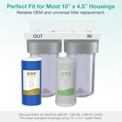 SimPure Whole House Water Filter Cartridges 10" x 4.5" GAC/KDF Carbon and Heavy Metal Filter, for DB10C-2KDF, DB10P, WGB21B-KS, FG15B-KS, GE FXHTC, GXWH40L, 6 Pack