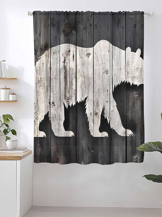 Sheer Curtains 72 Inches Long, White Brown Bear Semi Sheer Curtains Light Filtering Window Treatment, Farmhouse Country Rustic Wooden Grain Privacy Voile Drapes for Living Room Bedroom 52x72 Inch