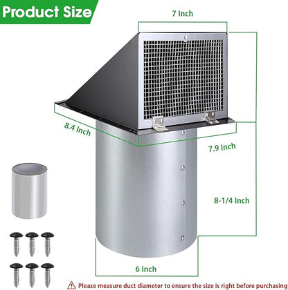 6 Inch Hooded Wall Vent with Screen and Damper,6 Inch Wall Exhaust Vent Cover Dryer Ventilation Cap Exterior for Kitchen Range Hood Air Exhaust,External Extractor w/Non Return Flap,Galvanized Steel
