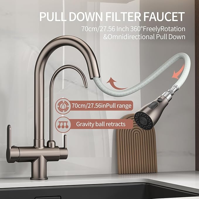 Kitchen Sink Faucet with Pull - Down Sprayer, 2 - Handle 3 - in - 1 Kitchen Sink Filter Faucet, Cold and Hot Mixer Drinking Water Faucet (3-in-1 Filter Faucet, Grey)
