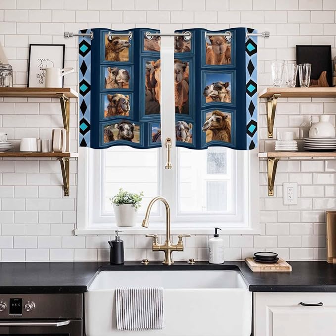 2 Panel Kitchen Cafe Curtains, Desert Camels Sunlight Filtering Nature Air Through, Home Decor Window Covering Tier Curtains for Living Room 55W x 39L inch Wildlife Brown Animals Blue Geometric