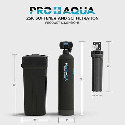 PRO+AQUA PRO-SCI-S25E Whole House Water Filter & Softener Bundle | 25,000 Grain Capacity, Removes Chlorine, Sediment, VOCs, Calcium, Magnesium, & More | Perfect for 1–2 Bathrooms | Premium Durability