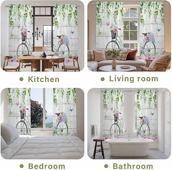 Spring Kitchen Curtains, Bicycles Botanical Rose Leaves Butterfly Wood Grain Light Filtering Window Curtain Panels, 2Pcs Rod Pocket Window Treatments Set for Living Room Bathroom Bedroom 52x72 Inches
