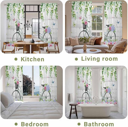 Spring Kitchen Curtains, Bicycles Botanical Rose Leaves Butterfly Wood Grain Light Filtering Window Curtain Panels, 2Pcs Rod Pocket Window Treatments Set for Living Room Bathroom Bedroom 52x72 Inches