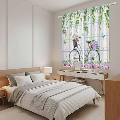 Spring Kitchen Curtains, Bicycles Botanical Leaves Rose Colorful Stripes Light Filtering Window Curtain Panels, 2Pcs Rod Pocket Window Treatments Set for Living Room Bathroom Bedroom 42x63 Inches