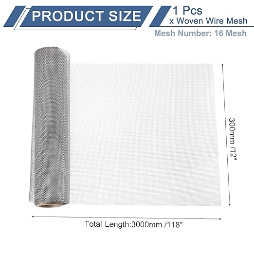 uxcell 16 Mesh 118" x 12" Woven Wire Mesh, 304 Stainless Steel Air Vent Filter Screen, Window Screen Mesh for DIY Projects Vents Cover Filtration Animals Fence