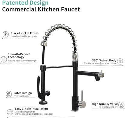 Pull Down Kitchen Faucet with Sprayer,Fapully Commercial Matte Black&Brushed Nickel Kitchen Sink Faucets