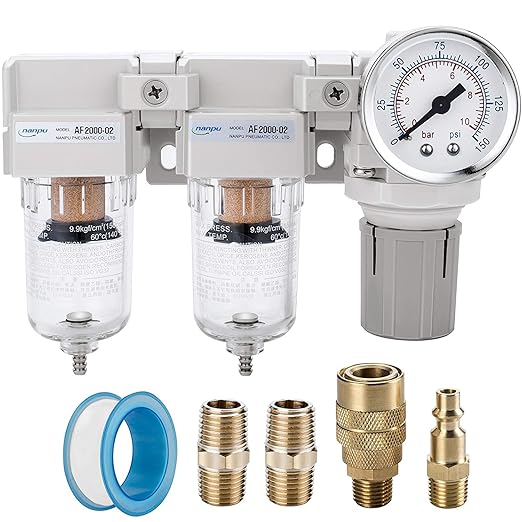 NANPU 1/4" NPT Air Drying System - Double Air Filters, Air Pressure Regulator Combo - Semi-Auto Drain, Poly Bowl