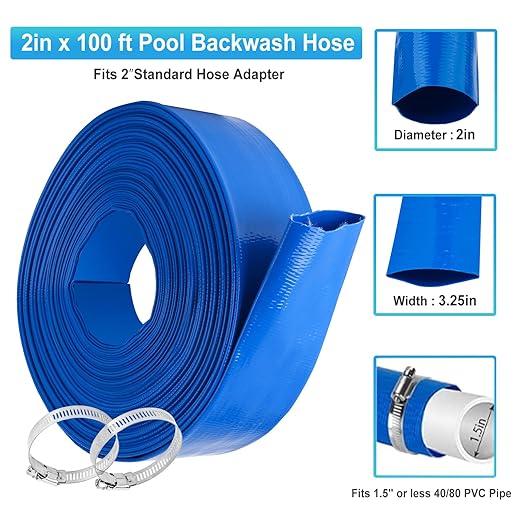 OCGIG 2" x 100 FT Pool Backwash Hose, Heavy-Duty Lay Flat Discharge PVC Hose, Weatherproof Burst Resistant for Water Pool Drain, Swimming Pool Filter Pump, Water Transfer, with 2 Clamps