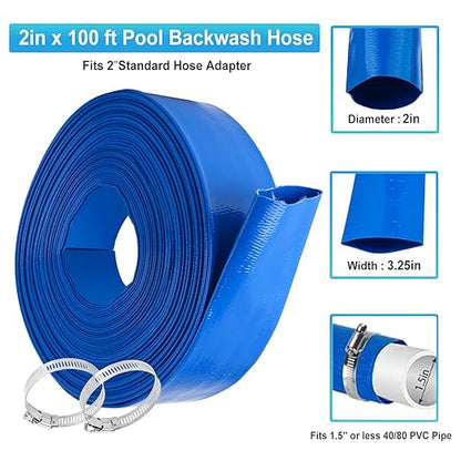OCGIG 2" x 100 FT Pool Backwash Hose, Heavy-Duty Lay Flat Discharge PVC Hose, Weatherproof Burst Resistant for Water Pool Drain, Swimming Pool Filter Pump, Water Transfer, with 2 Clamps